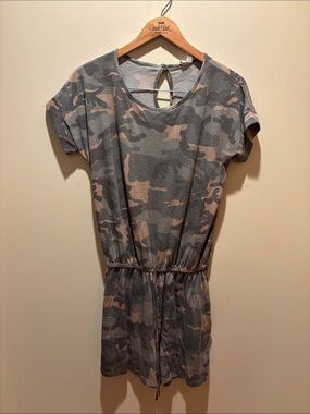 Camo Drawstring Waist Short Sleeve Dress - Gray & Taupe